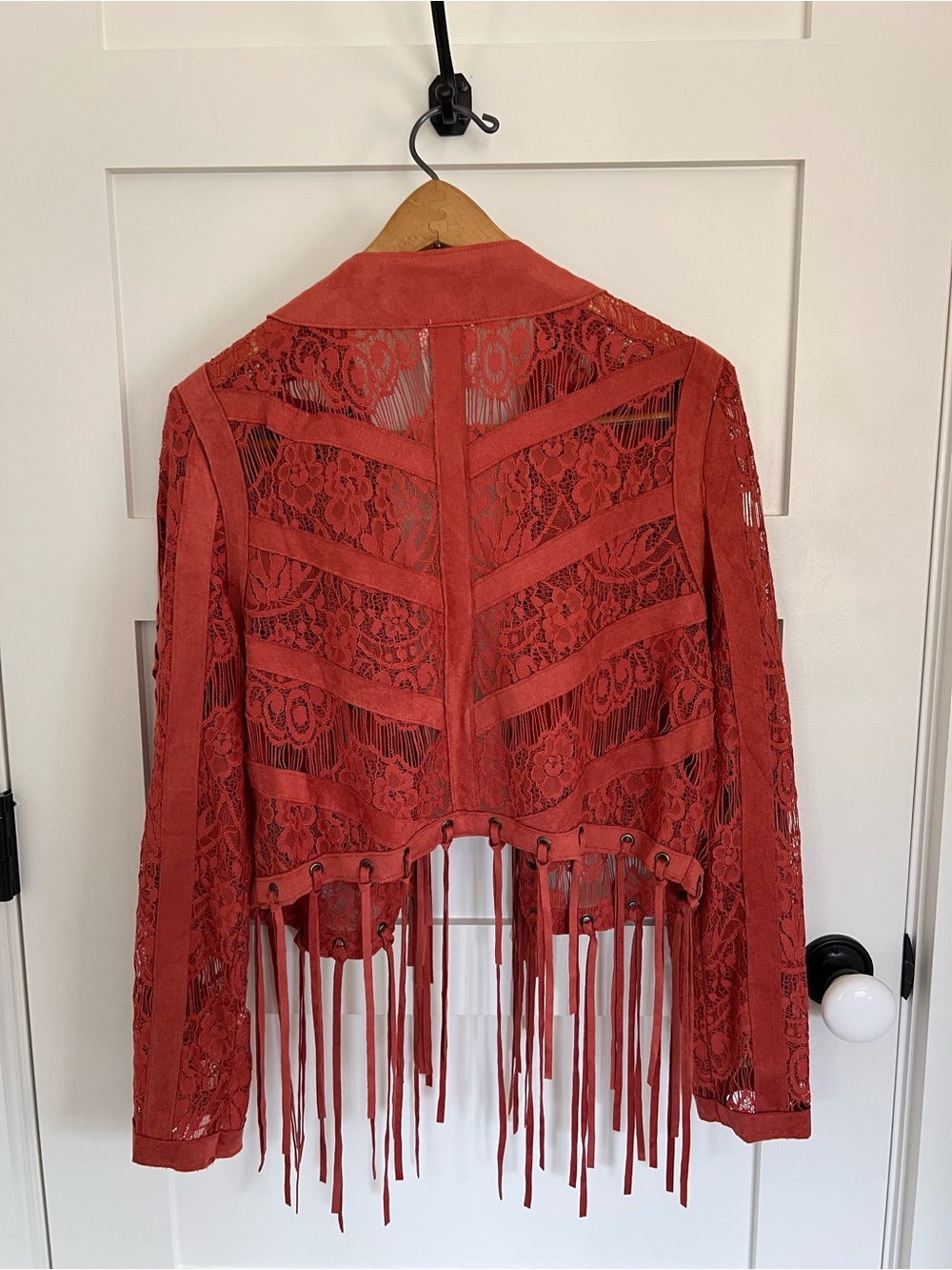 Vocal Coral Lace Fringe Leather-Accent Jacket - Picture 2 of 7